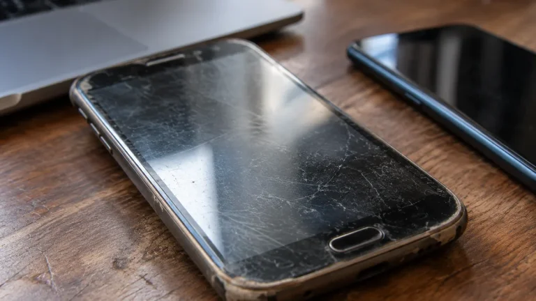 Anciens smartphones et ordinateur portable réunis sur un bureau