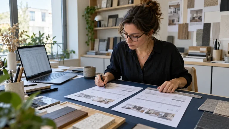Professionnelle comparant deux devis papier avec un tableau sur son ordinateur