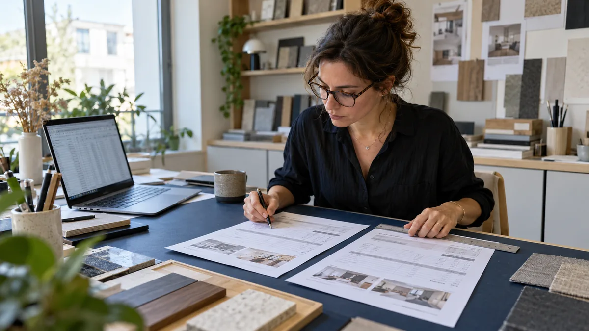 Professionnelle comparant deux devis papier avec un tableau sur son ordinateur