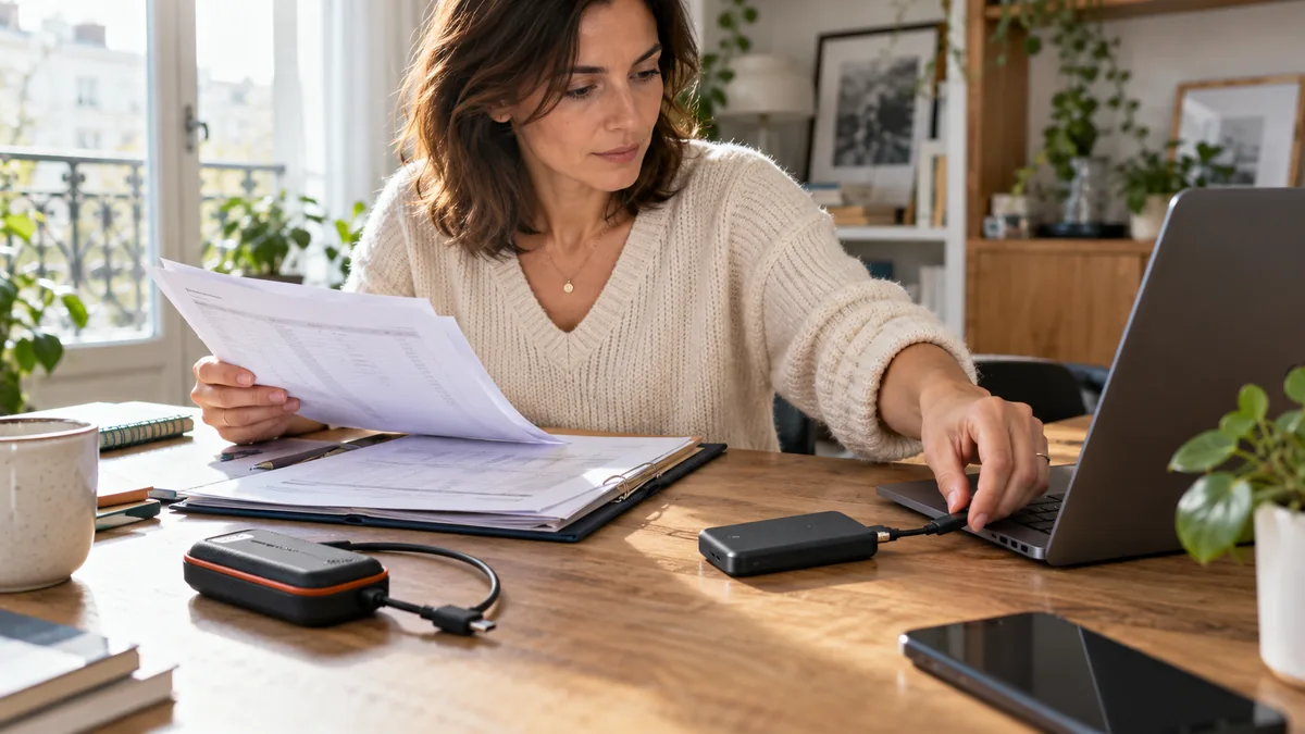 Personne vérifiant une copie de fichiers sur un SSD externe, à côté d’un ordinateur portable