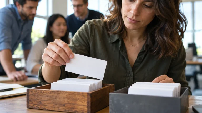 Professionnelle triant des fiches de prospects dans des bacs