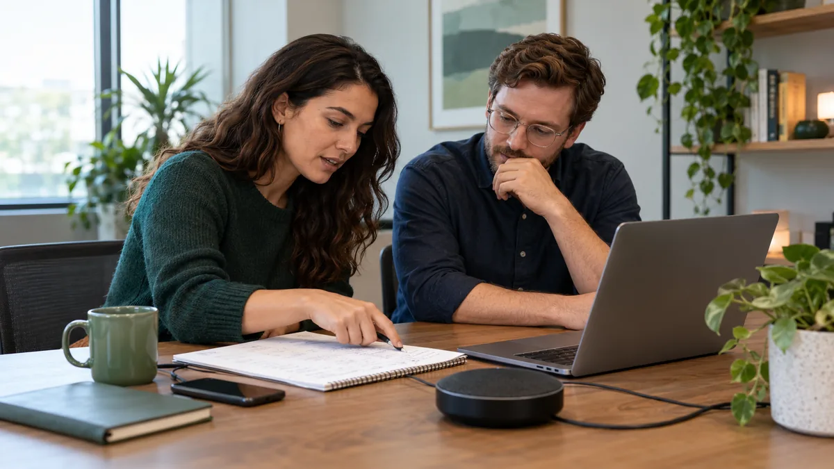 Deux collègues vérifiant des notes de réunion avant de diffuser un compte rendu