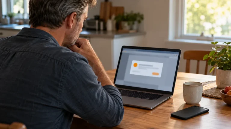Personne examinant une alerte de navigateur sur son ordinateur sans appeler le numéro affiché