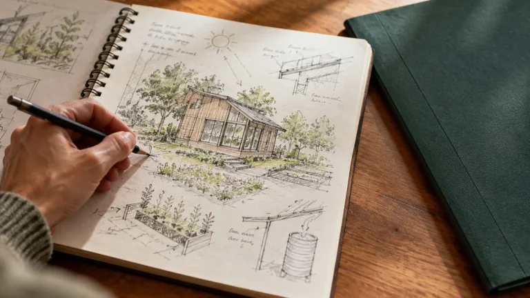 Carnet de projet ouvert montrant des croquis et des annotations