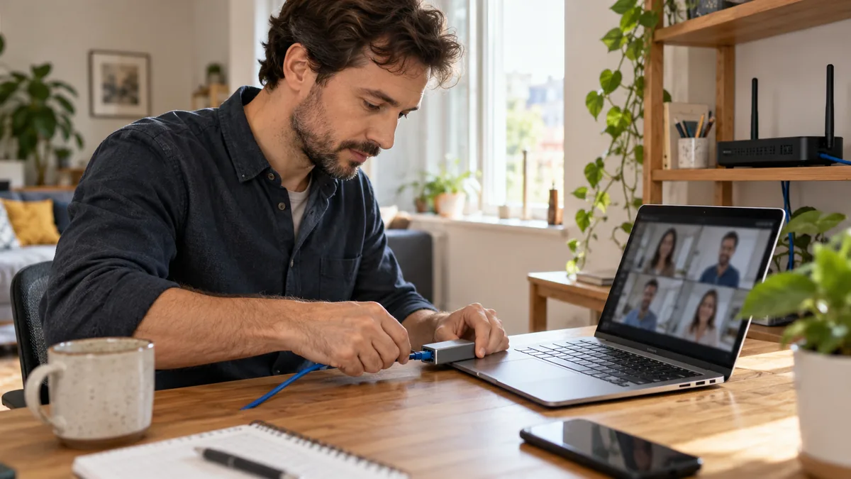 Personne testant une visioconférence avec un câble Ethernet près de son routeur