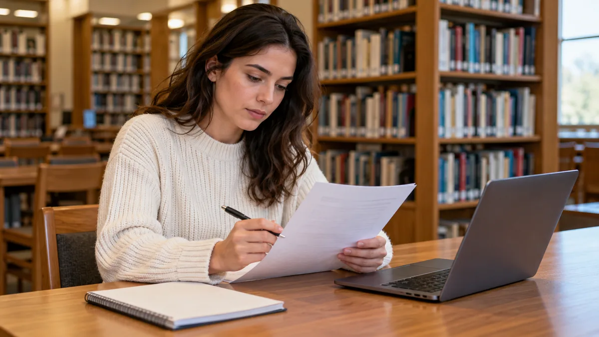 Candidate relisant son CV sur papier et sur écran pour vérifier les informations