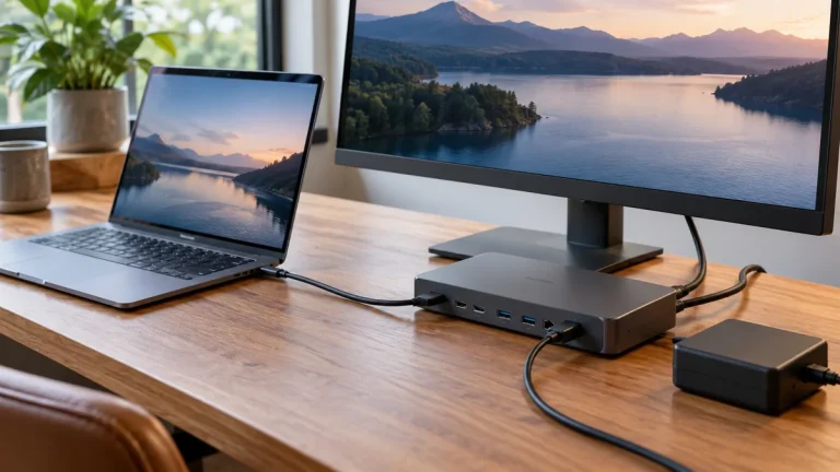 Ordinateur portable relié à un écran et à une station d’accueil USB-C sur un bureau